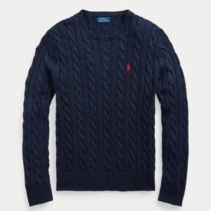 Ralph Lauren Navy Cable-Knit Crewneck Sweater with Red Pony